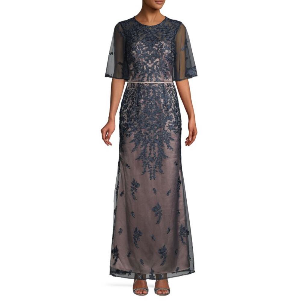 JS Collections Blue Evening Gown Lace Short Sleeve A-Line Formal Dress Size 10
